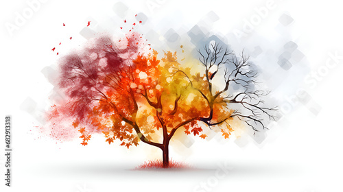 Abstract colorful tree and landscape tree in watercolor  tree artworks  each branch and leaf telling a vivid  colorful story on the serene white surface. Tree in autumn on white background  generated