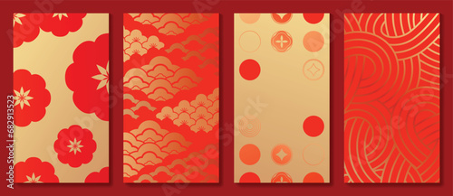 Happy Chinese New Year cover background vector. Year of the dragon design with chinese pattern, cherry blossom flower, cloud, coin. Elegant oriental illustration for cover, banner, website, calendar.