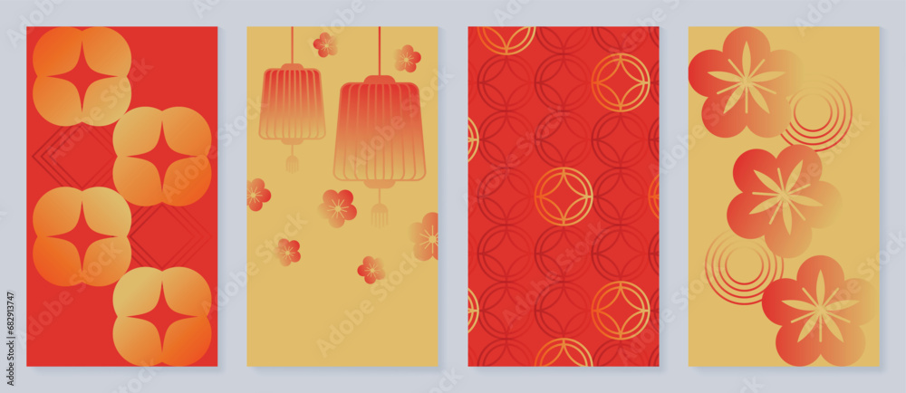 Happy Chinese New Year cover background vector. Year of the dragon design with golden chinese lantern, coin, flower, pattern. Elegant oriental illustration for cover, banner, website, calendar.