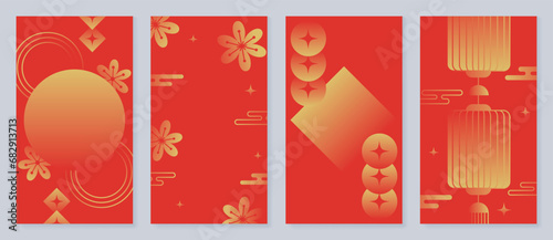 Happy Chinese New Year cover background vector. Year of the dragon design with golden chinese lantern, coin, moon, flower, pattern. Elegant oriental illustration for cover, banner, website, calendar.