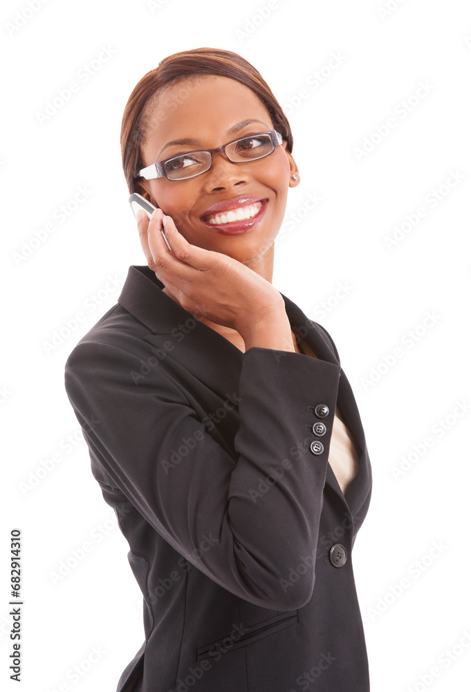 Corporate, phone call and business black woman in studio for communication, networking or contact. Happy, professional and isolated person on cellphone for chat, talking and speak on white background Corporate, phone call and business black woman in studio for communication, networking or contact. Happy, professional and isolated person on cellphone for chat, talking and speak on white background