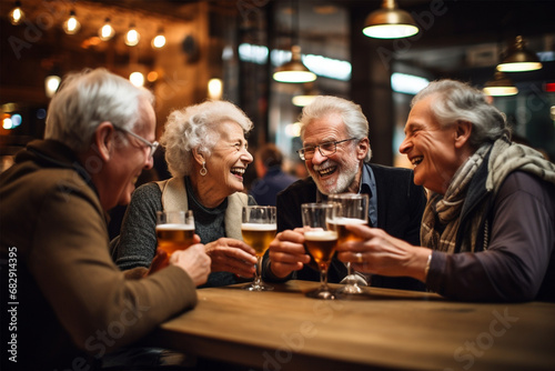 Joyful elderly people of different types drink beer in company and communicate
