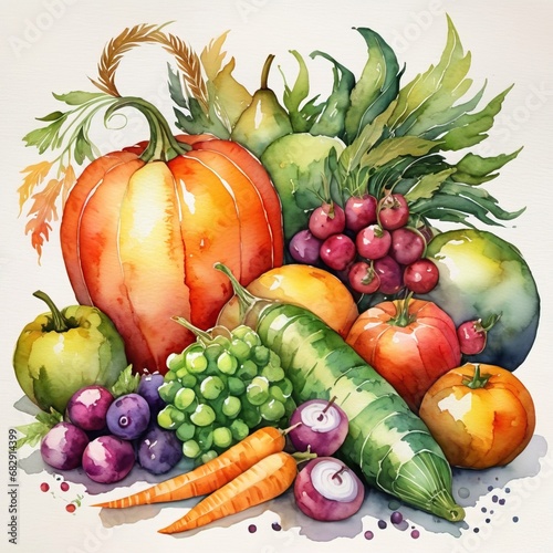 Vintage watercolor painting illustration of assorted harvest vegetables and fruits  showing abundance