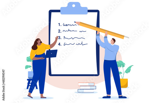 Businesspeople taking notes - Office man and woman writing list and scribble text working on business project plan and strategy. Flat design vector illustration with white background
