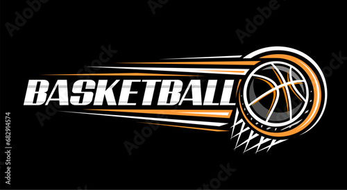 Vector logo for Basketball, decorative banner with contour illustration of thrown basketball ball, flying on trajectory in basket with net on dark background, basketball chalk sketch on black board photo
