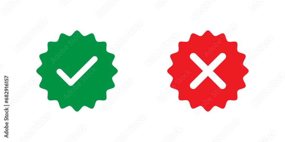 Green tick mark and red cross mark badge on white background, approval and disapproval vector symbol - obrazy, fototapety, plakaty 