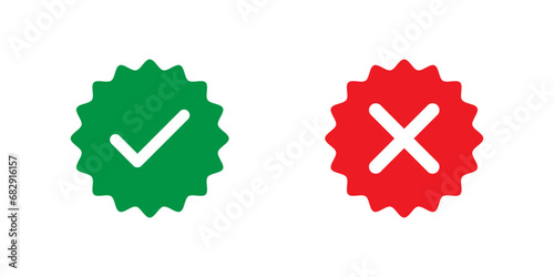 Green tick mark and red cross mark badge on white background, approval and disapproval vector symbol photo