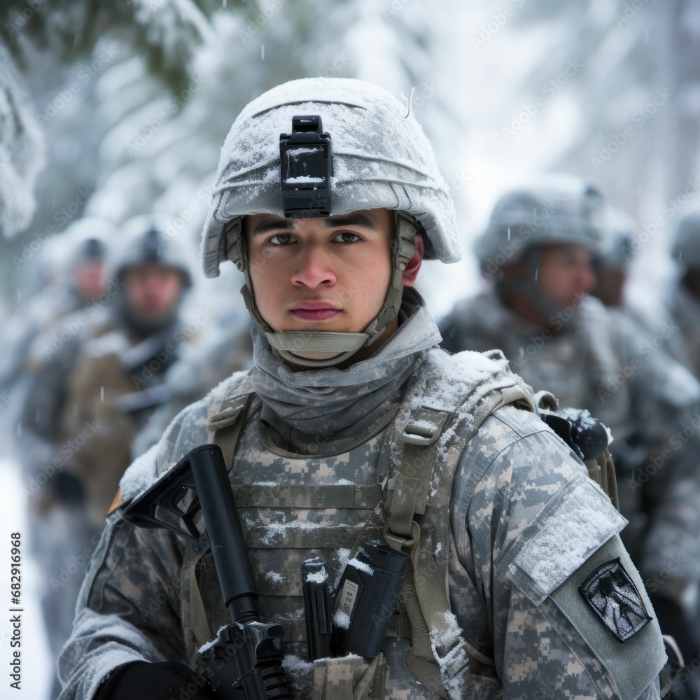 A soldier carrying a gun in snowy weather. A soldier carrying a gun in snowy weather.