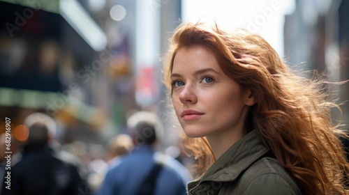 Closeup portrait photo of a young dutch woman, looking into distance, in downtown new york city
