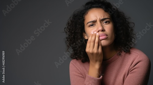 Photograph of a woman in the studio putting her hand to her cheek because of her aching tooth, with a pained expression on her face, against a simple background