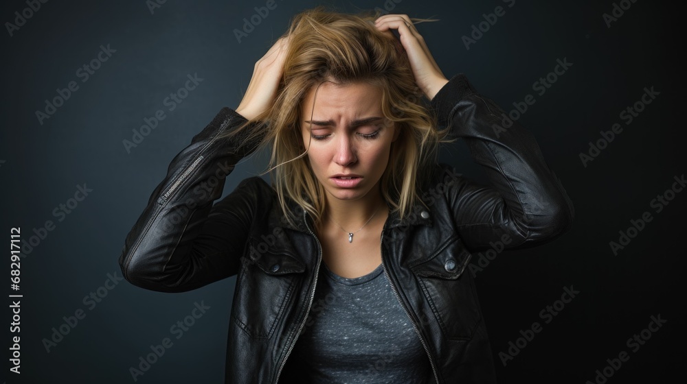 Photo, a woman in a basic studio, looking puzzled while scratching her head, her confusion palpable in the naturalistic setting Photo, a woman in a basic studio, looking puzzled while scratching her head, her confusion palpable in the naturalistic setting