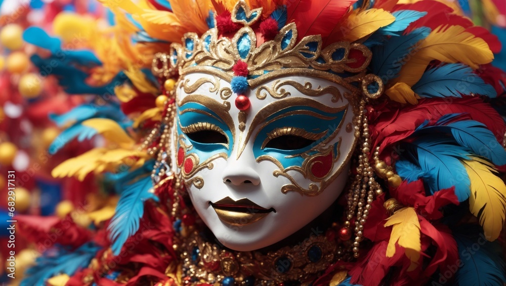 carnival mask with bright colored feathers with background with balloons