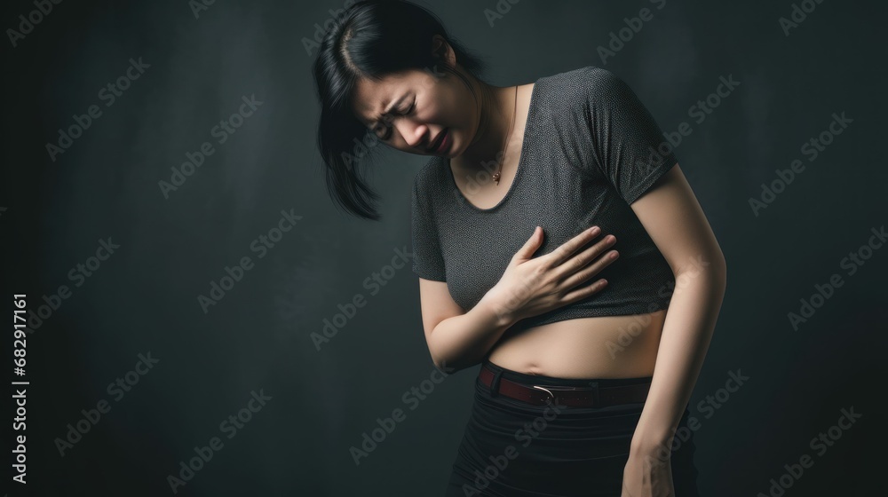 Photograph of a woman in a minimalist studio clutching her chest in pain, the stark background enhancing her discomfort Photograph of a woman in a minimalist studio clutching her chest in pain, the stark background enhancing her discomfort