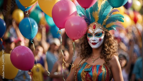 carnival mask with bright colored feathers with background with balloons