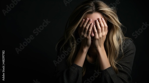 Photo, a woman in a simple setting, rubbing her eyes in fatigue, the raw emotion accentuated by the unfiltered studio lighting