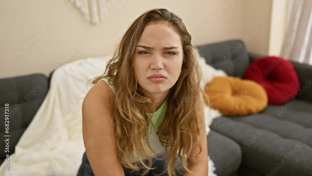 Young, disapproving hispanic woman, frowning at home, an upset, negative thinker, doubting in casual clothes Young, disapproving hispanic woman, frowning at home, an upset, negative thinker, doubting in casual clothes