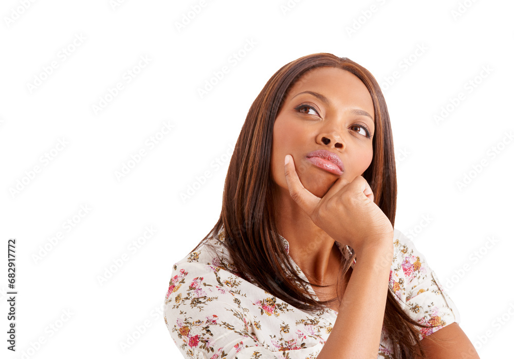 Thinking, black woman and ideas with solution, problem solving and model isolated on white studio background. African person, opportunity and girl with planning, decision and choice with mockup space Thinking, black woman and ideas with solution, problem solving and model isolated on white studio background. African person, opportunity and girl with planning, decision and choice with mockup space