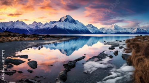Photo, landscape photography in the style of Art Wolfe, highlighting the diverse landscapes of New Zealand South Island, from rugged mountains to serene lakes