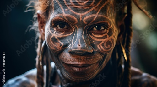 Photo, portrait of a tribal woman with intricate facial tattoos, depicting the cultural richness and traditions of Papua New Guinea, taken with natural light in her remote village