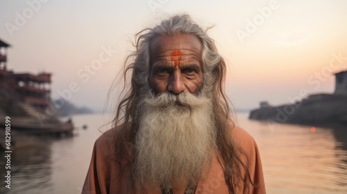 Photography, travel photography, the cultural richness of India in intimate portrait style, brahmans experiencing spiritual moments along the Ganges River.
