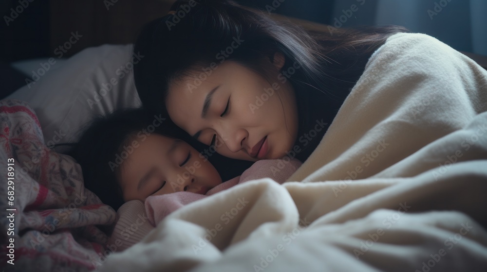asian woman take care of little ill daughter. Sick child lying on bed under blanket, with worried. single mom taking care of sick daughter at home. child has a high fever. covers on the couch and ill. asian woman take care of little ill daughter. Sick child lying on bed under blanket, with worried. single mom taking care of sick daughter at home. child has a high fever. covers on the couch and ill.