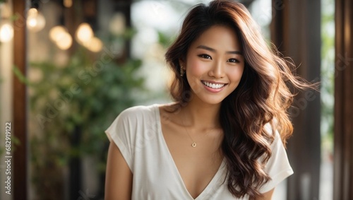 portrait of a pretty young asian smile woman outdoor © Anton