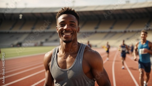 happy african american male sprinter athlete on a stadium track