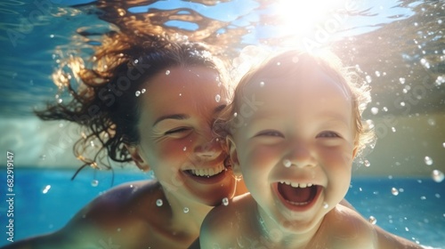 Cute smiling baby and mom having fun swimming and diving in the pool at the resort on summer vacation. Activities and sports to happy kid, family, holiday,