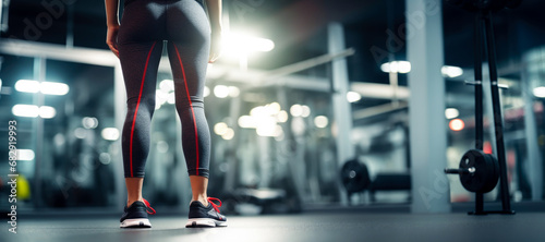 Back view of fit woman legs wearing tight sportswear in gym workout. Healthy lifestyle, fitness and sport banner with copy space photo