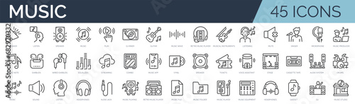 Set of 45 outline icons related to music. Linear icon collection. Editable stroke. Vector illustration
