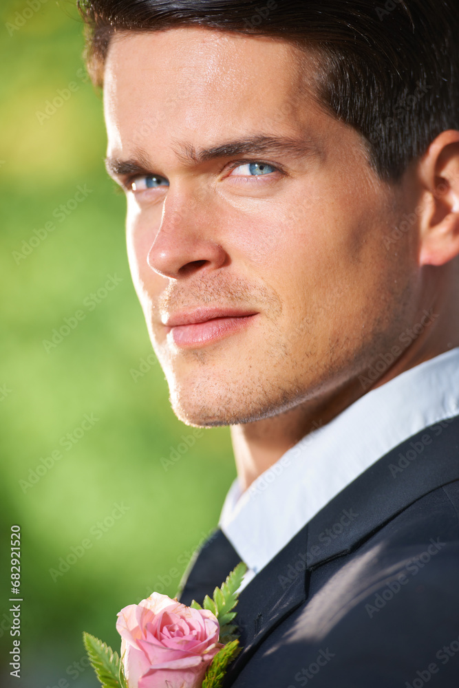 Handsome, wedding and portrait of young groom in suit with flower for a classy, elegant and luxury event. Serious, attractive and face of man from Canada at marriage ceremony or party for commitment. Handsome, wedding and portrait of young groom in suit with flower for a classy, elegant and luxury event. Serious, attractive and face of man from Canada at marriage ceremony or party for commitment.