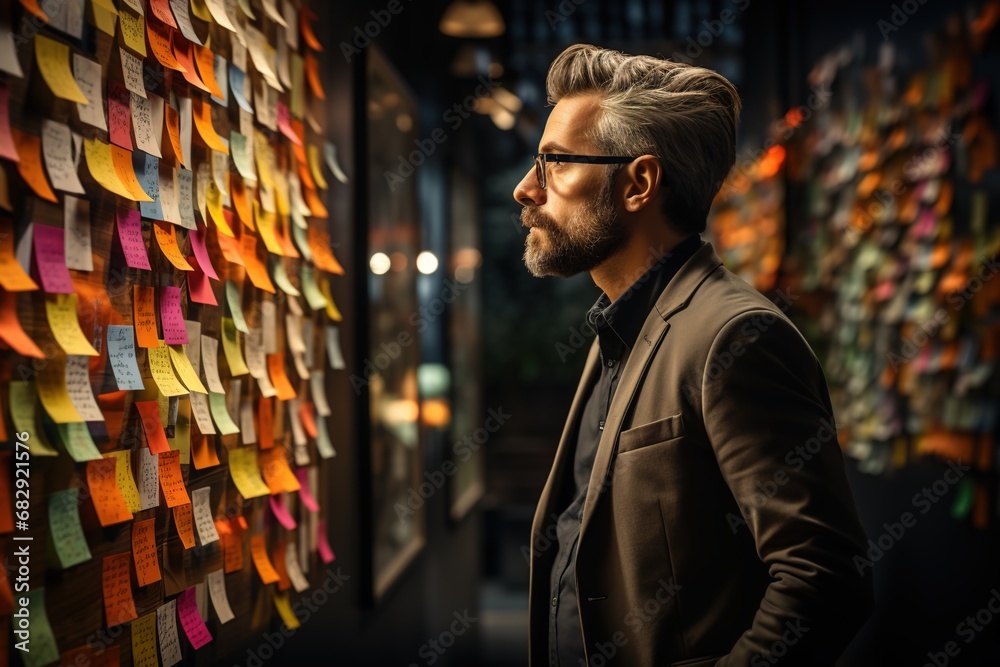 Visionary Wall: The businessman looks at a wall turned visionary canvas, covered in post-it notes that encapsulate his dreams, plans, and the pathway to success Visionary Wall: The businessman looks at a wall turned visionary canvas, covered in post-it notes that encapsulate his dreams, plans, and the pathway to success
