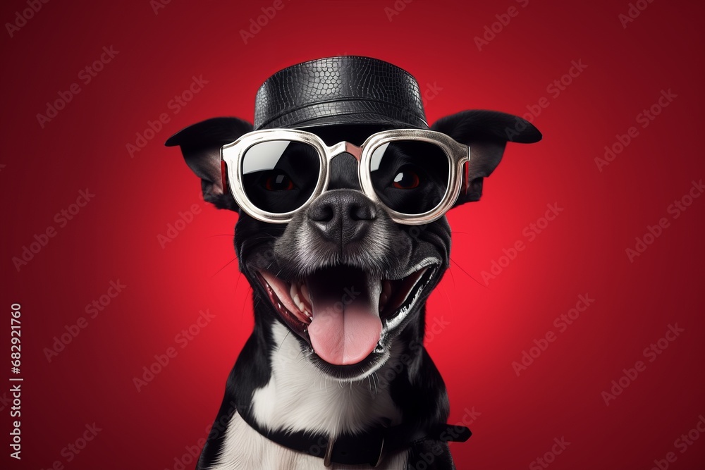 Funny dog in sunglasses and hat on a red background.. Kidkore style, the concept of humanization
