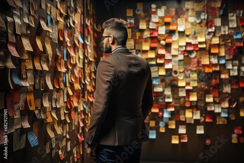 Conceptual Collage: With a discerning gaze, the business man appreciates the conceptual collage created on the wall, where post-it notes serve as building blocks for innovative ideas