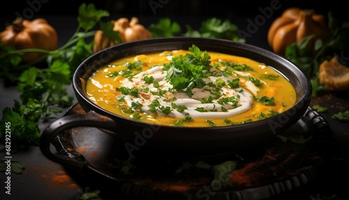  Vegan pumpkin soup with parsley olive oil and pumpkin seeds in a bowl on a dark wooden background, Pumpkin soup with cream and parsley on a dark background