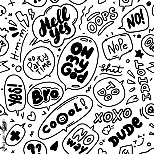 Seamless Trendy speech bubbles in flat hand drawn design with short messages. Cute Comic Style. Dialog windows with phrases Yes. Icons and bubble such as line, hearts, and sparkles.Seamless background