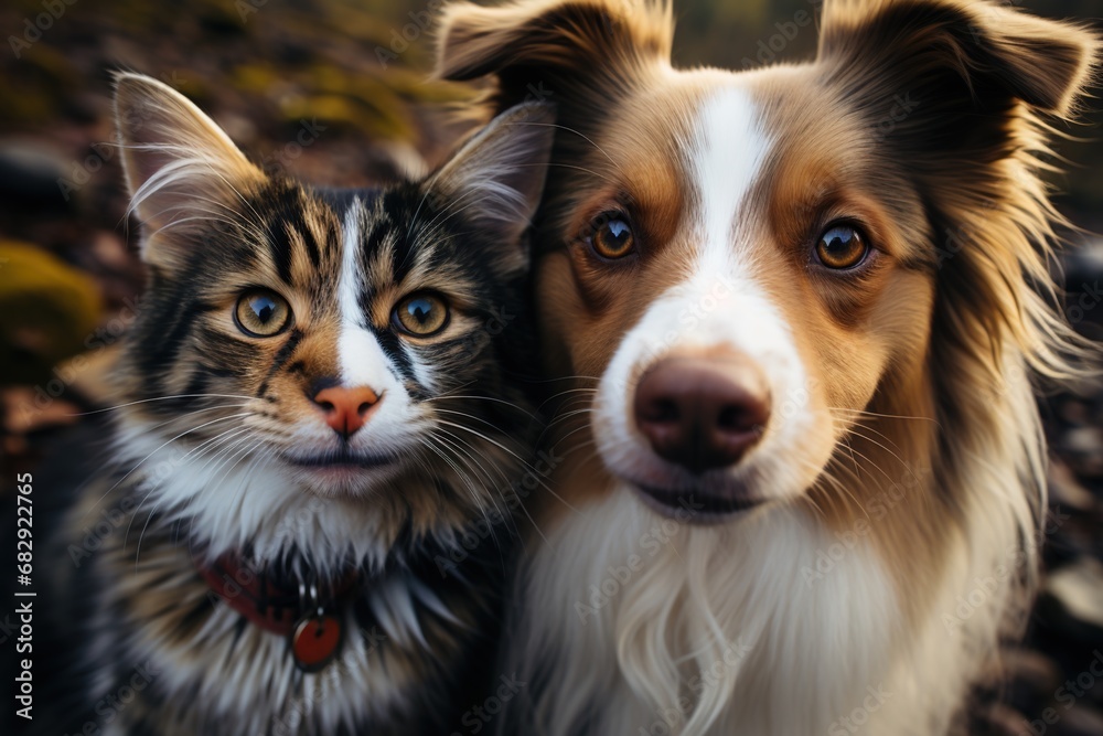 Tail-wagging Togetherness: This portrait encapsulates the togetherness of a cat and dog, their tails wagging in sync as they enjoy each other's comforting