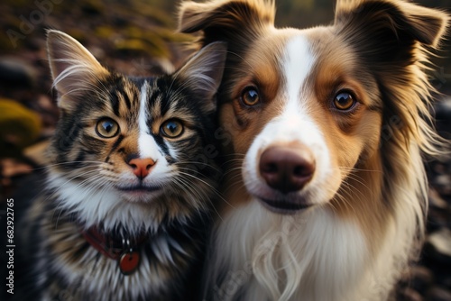 Tail-wagging Togetherness: This portrait encapsulates the togetherness of a cat and dog, their tails wagging in sync as they enjoy each other's comforting © Boris