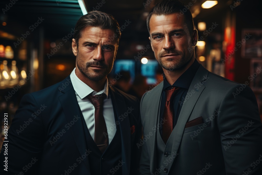Confident business partners looking over their company Confident business partners looking over their company