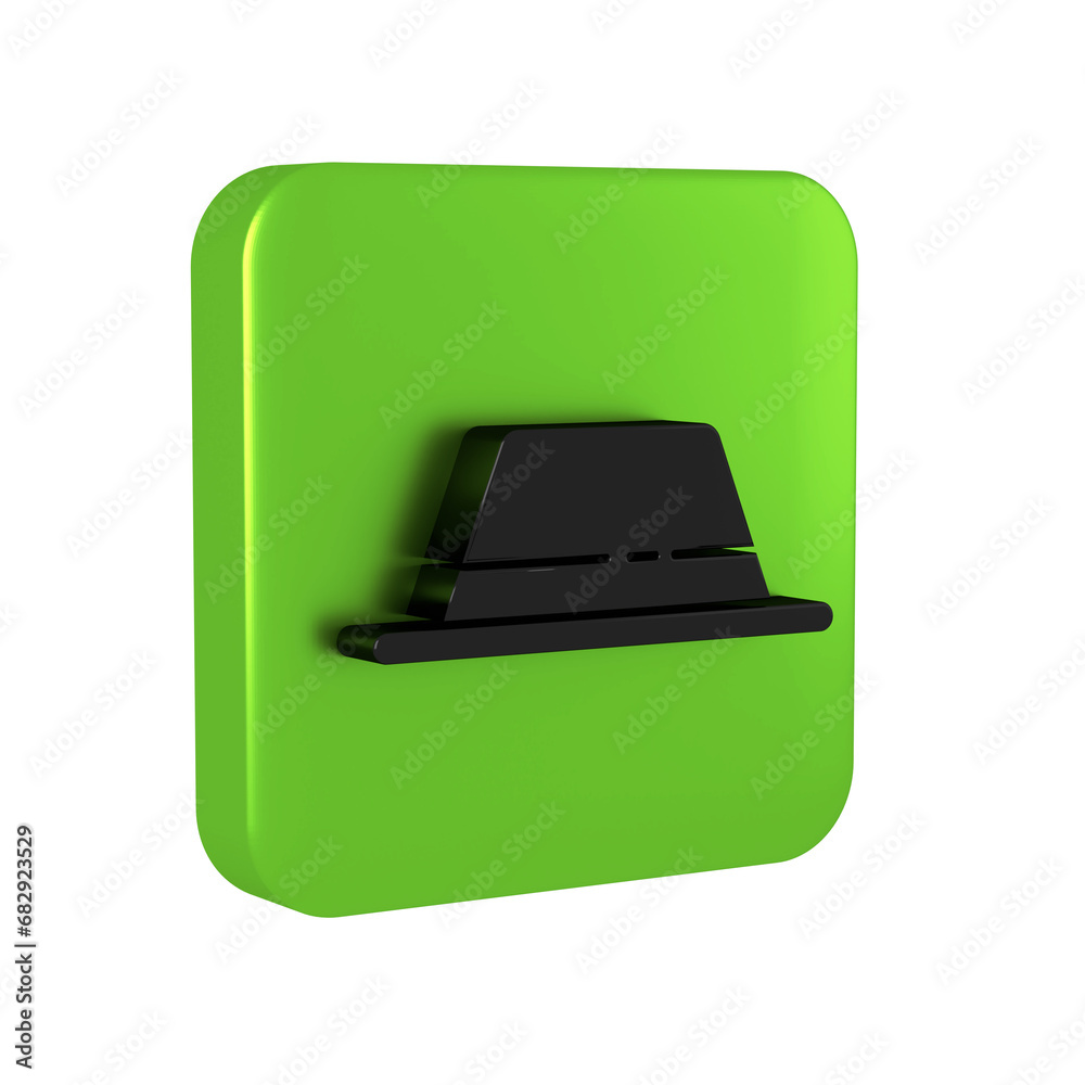 Black Man hat with ribbon icon isolated on transparent background. Green square button. Black Man hat with ribbon icon isolated on transparent background. Green square button.