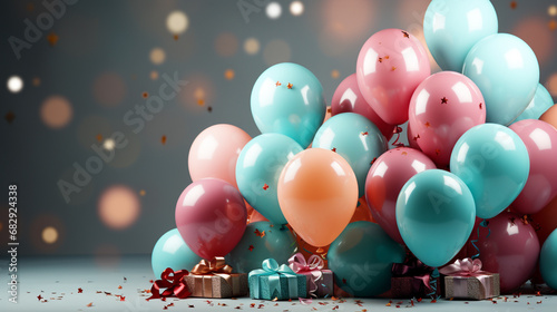 Wide happy birthday background, birthday celebration banner backdrop with different colorful balloons and gift boxes in dark environment 