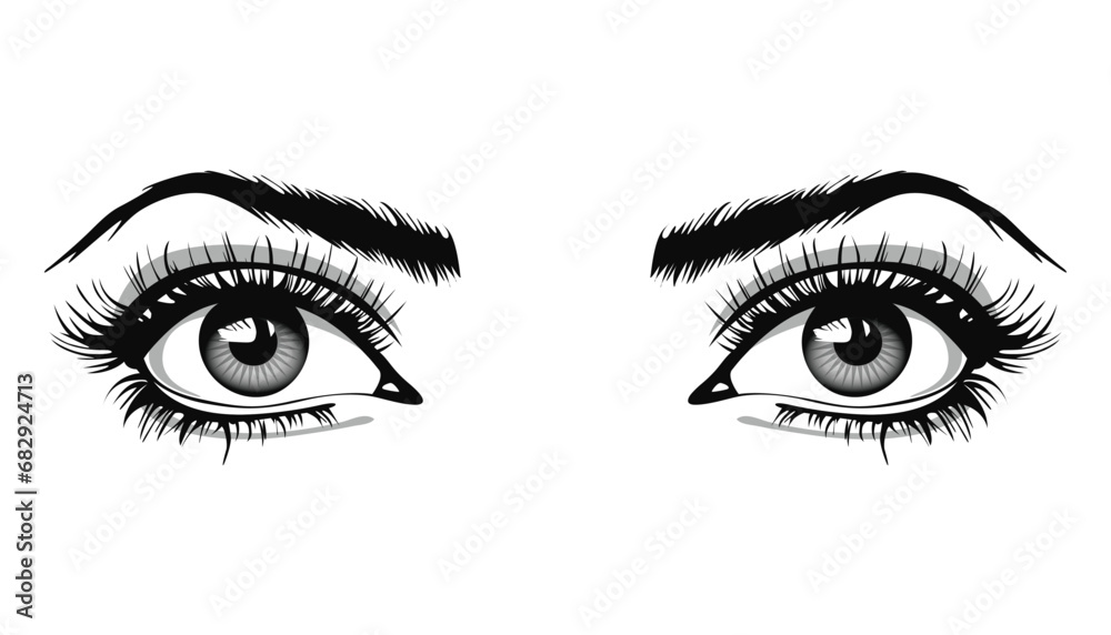 Beautiful female eyes with big lashes and eyebrows. Eyeliner glamour makeup. Icon Beautiful female eyes with big lashes and eyebrows. Eyeliner glamour makeup. Icon
