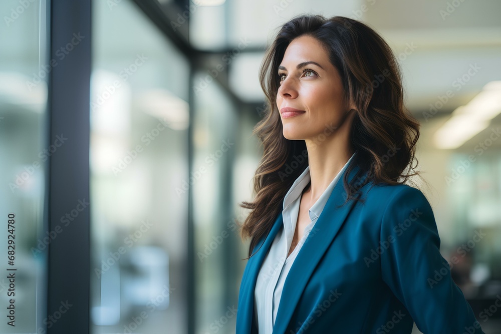 Confident business woman leader looking away standing in office hallway. Professional manager executive, female investor or entrepreneur thinking of future success. generative AI Confident business woman leader looking away standing in office hallway. Professional manager executive, female investor or entrepreneur thinking of future success. generative AI