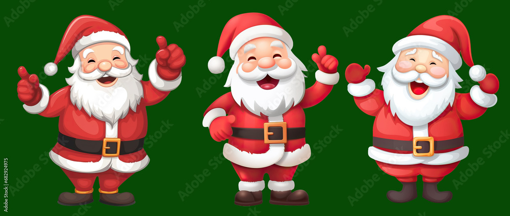 set of three Santas as cartoon on green background set of three Santas as cartoon on green background