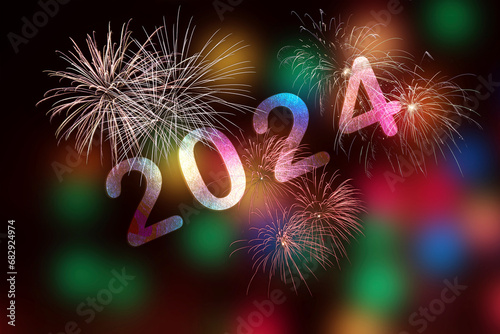 2024, Fireworks next to the number 2024 on background of faded lights. Happy New Year
