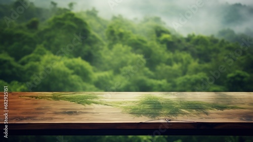 wooden table with beautiful nature background wallpaper ai generated image