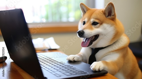 Shiba inu work at office with laptop, Funny business dog