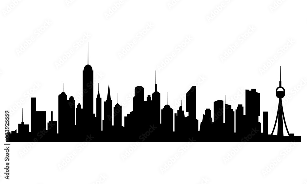 Black cities silhouette. Horizontal skyline in flat style isolated on white. Cityscape with windows, urban panorama of night town.