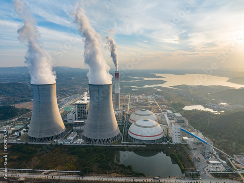 Aerial photography of cooling towers in thermal power plants