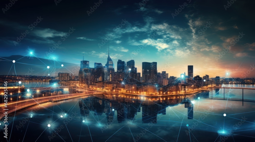 Obraz premium Smart city and communication network. Digital transformation, business, building, modern, urban, technology, connection, information, innovation, capita, future.